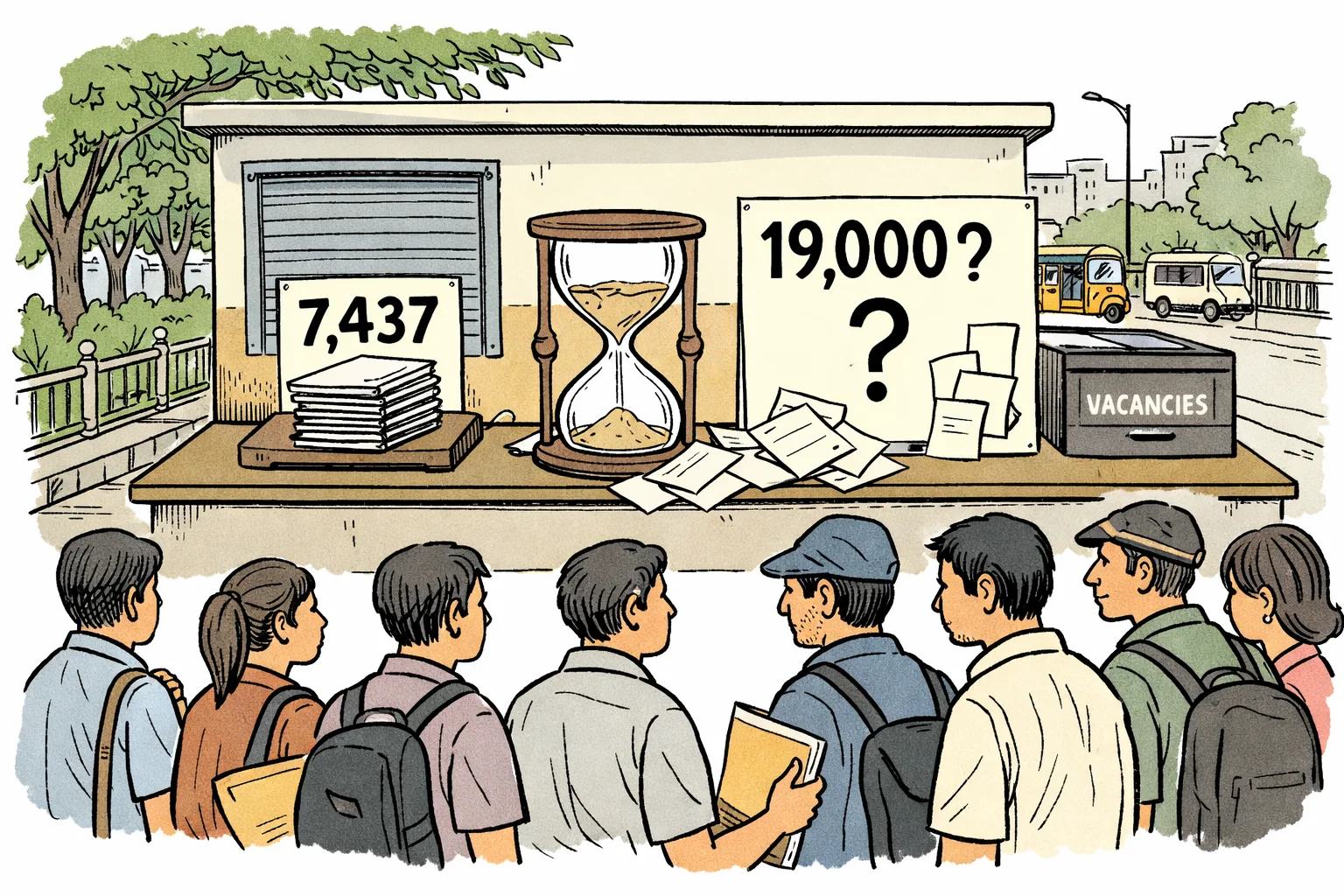 A queue of indistinct police-job aspirants stands outside a Hyderabad recruitment counter while a small notice board shows 7,437 and a much larger empty board is marked 19,000; a giant hourglass beside the counter is nearly out of sand.