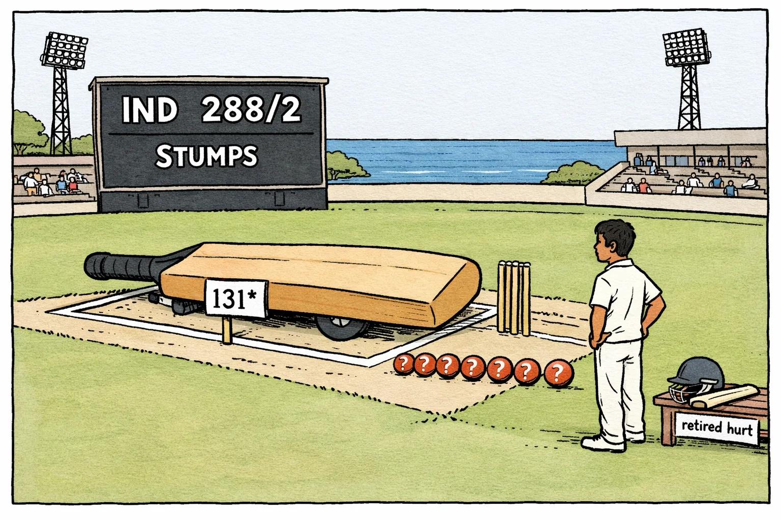 A cricket scoreboard in Galle shows India on 288 for 2, while a large unbroken bat rests across the crease and a debut off-spinner stands beside a pile of unanswered question marks.