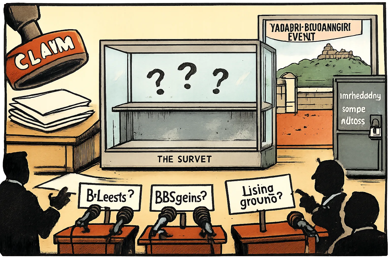 An empty glass case labelled 'THE SURVEY' is surrounded by anonymous political microphones, blank paperwork and a locked cabinet marked with missing polling details.