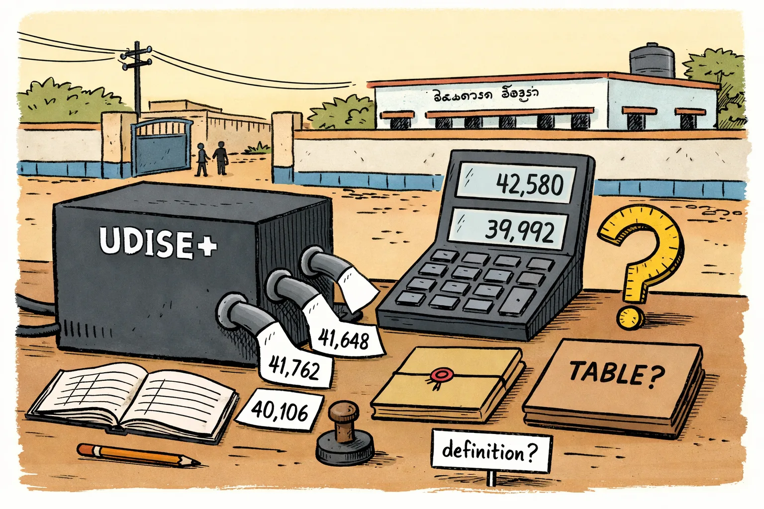 A crooked school-data black box sits on a desk between three conflicting Telangana school totals, while a calculator displays different answers and a school gate remains open in the background.