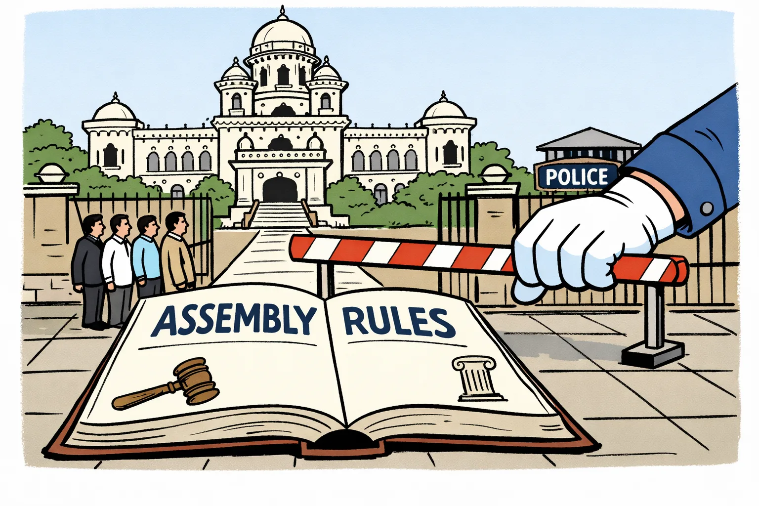 Outside the Telangana Legislative Assembly, a giant open rulebook forms a walkway while an oversized police-gloved hand pulls a barrier across the entrance; indistinct legislators wait behind it.