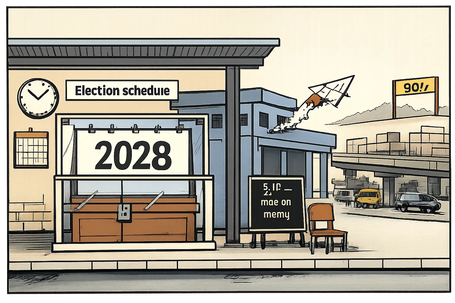 A generic Telangana political office sends a paper forecast toward a distant 2028 calendar while a closed alliance doorway leaves an empty chair outside.