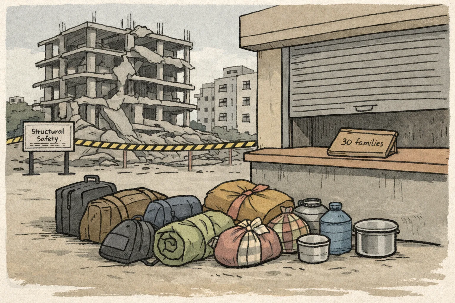 Household bundles and luggage sit outside a partly closed municipal help desk, with a cordoned damaged concrete apartment structure and neighbouring Cyberabad buildings behind them.
