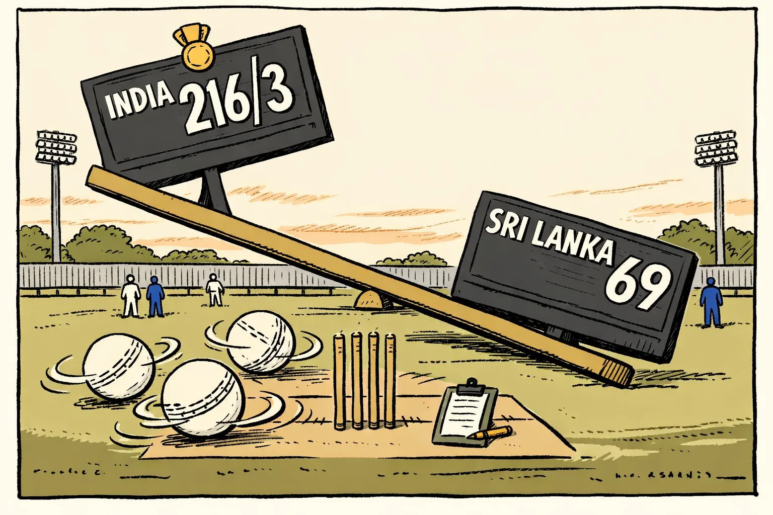 A tilted cricket scoreboard shows India 216 for 3 towering over Sri Lanka 69, while oversized spinning cricket balls circle nine stumps and a tiny clipboard rests beside a tenth stump.