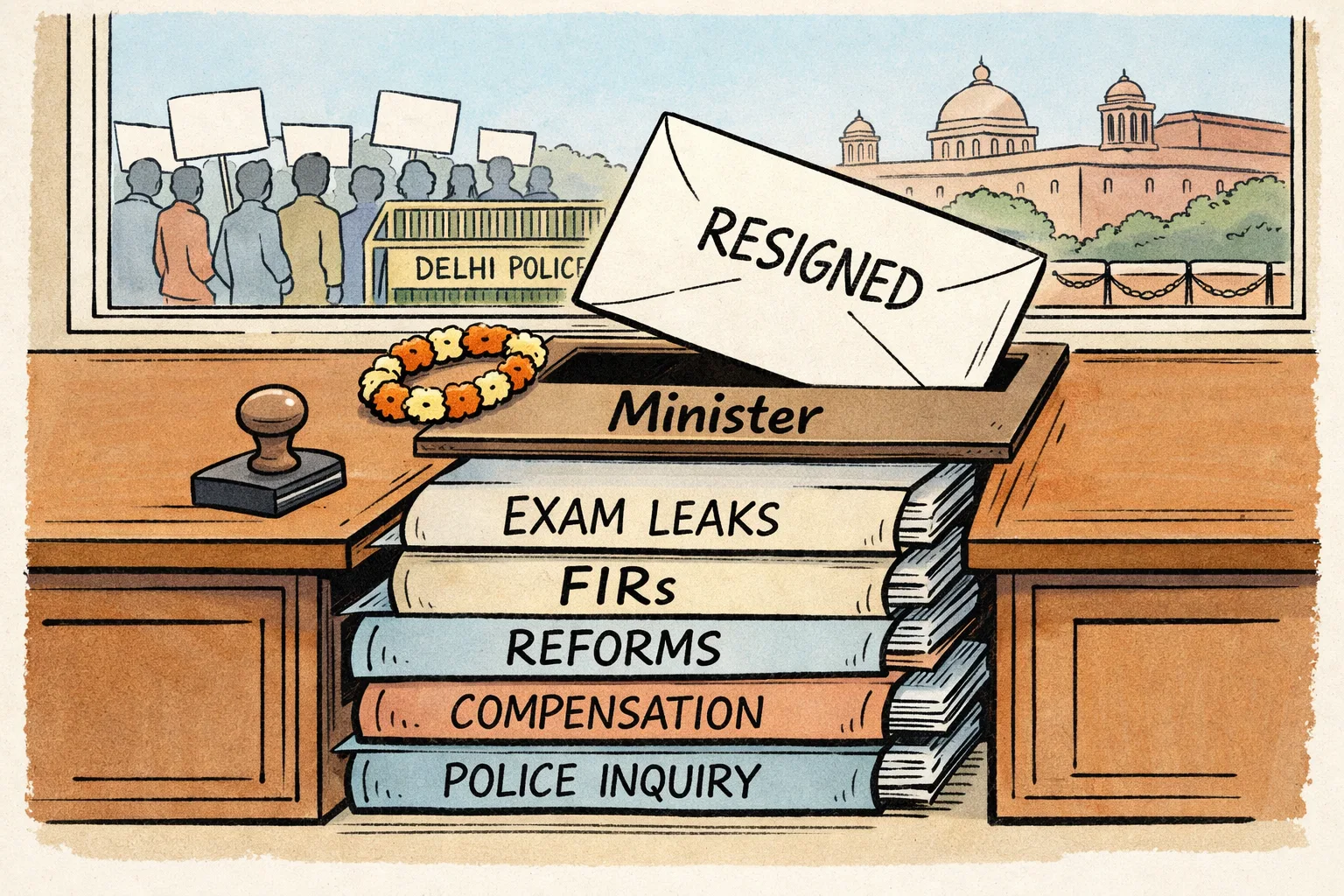 A large resignation envelope labelled “Minister” sits on a government desk, while folders marked “Exam leaks,” “FIRs,” “Reforms,” “Compensation” and “Police inquiry” remain piled beside it; student placards are visible beyond a Delhi barricade.