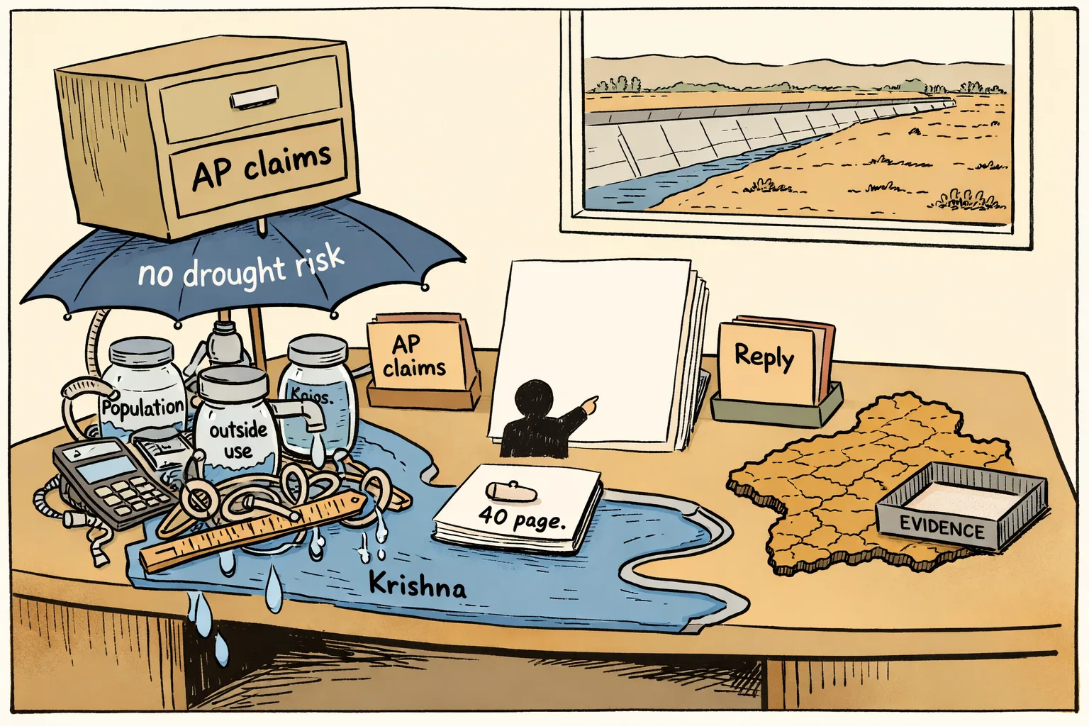 A cartoon tribunal desk sits between two stylised river channels, with one oversized drought umbrella labelled AP shielding a stack of water claims while a dry Telangana landscape waits beside a full file marked Reply.