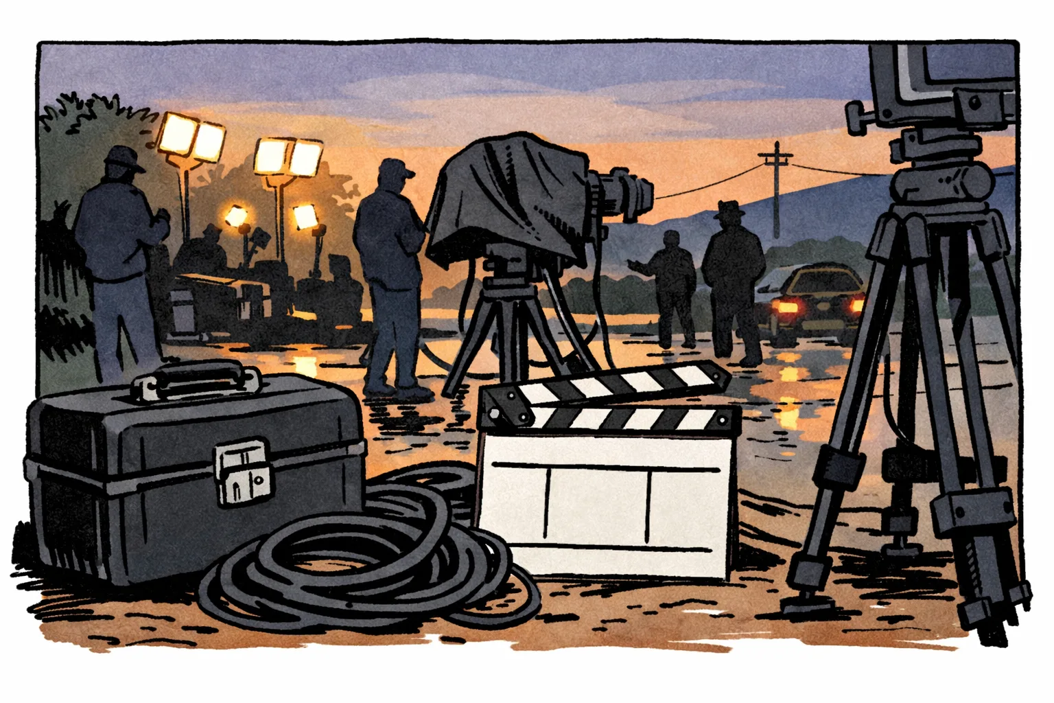 A locked screenplay case and film equipment sit beside a clapperboard on a dimly lit Hyderabad film set, with blurred crew and production lights in the background.