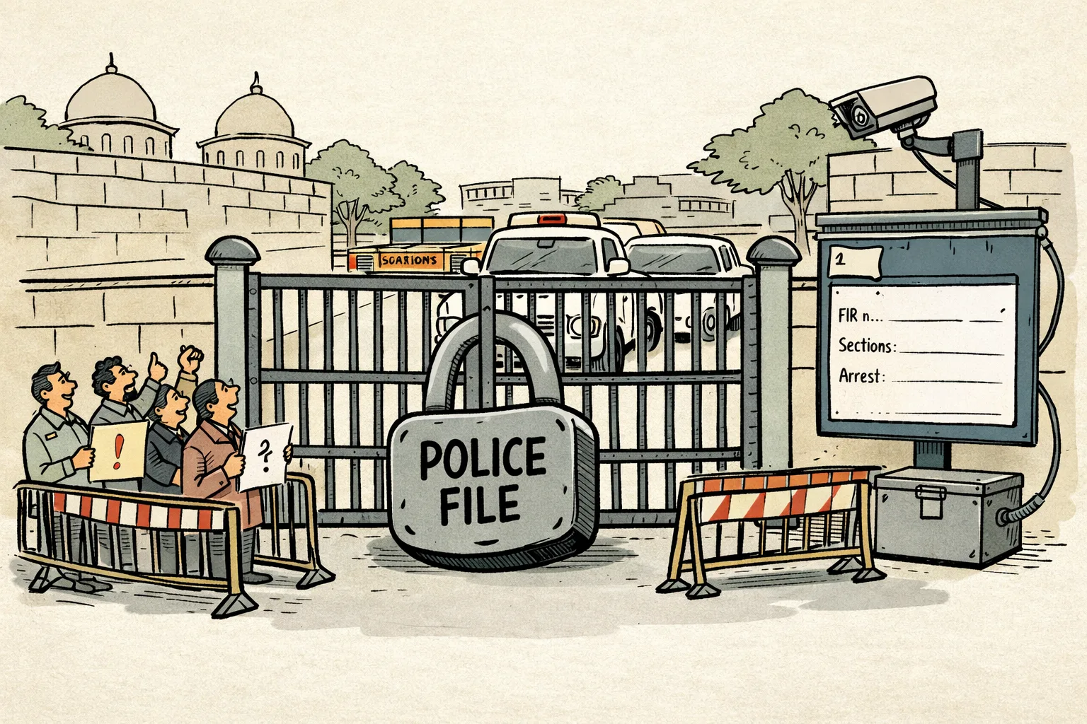 A locked iron gate with a giant padlock marked “POLICE FILE” stands between two small political delegations, while a blank police noticeboard, CCTV camera and waiting vehicles sit behind it.