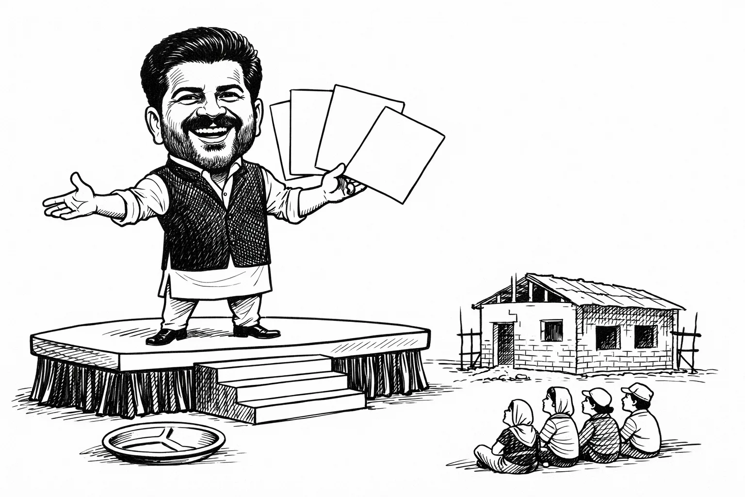 A caricatured Telangana chief minister displays three oversized blank launch cards beside a tiny unfinished school kitchen, with an empty breakfast plate in the foreground and workers waiting nearby.
