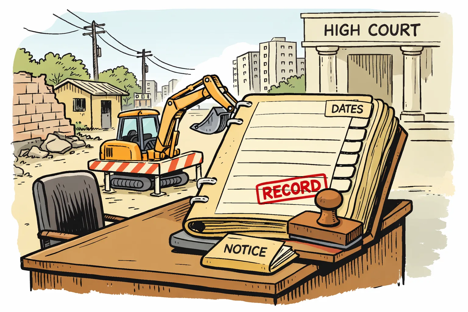 A giant official file marked with a small date-stamped timeline sits on a courtroom desk, while a demolition machine is stopped behind a cordon beside a compound wall in Kondapur.