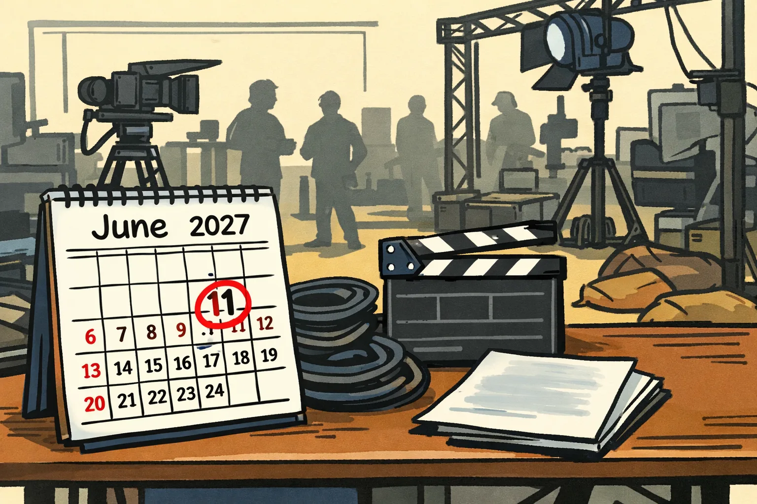 An empty Mumbai film set with camera equipment and lighting rigs, a calendar marked June 11, 2027, and an unreadable production sheet on a table.