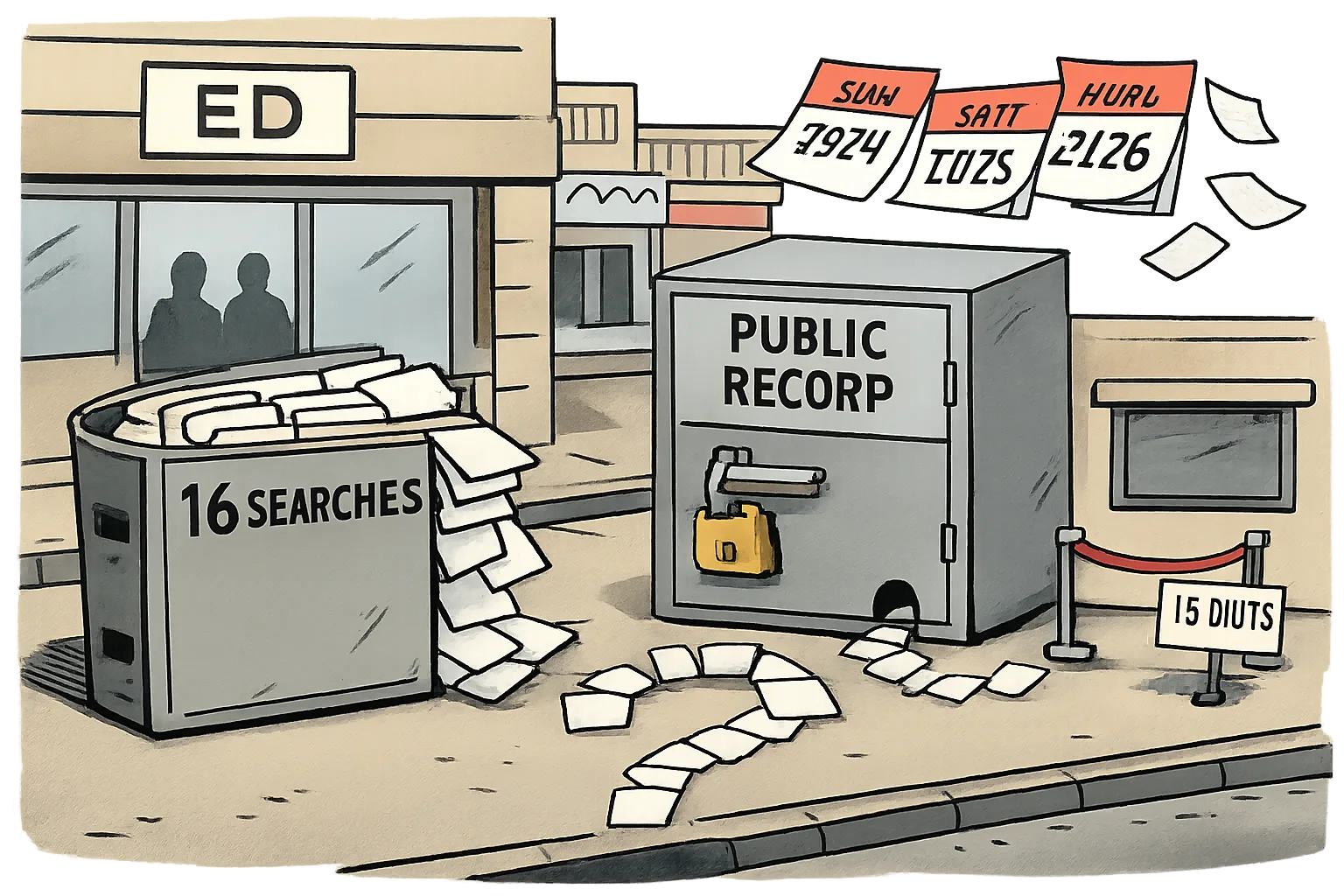 A cartoon outside an ED office in Hyderabad shows a huge file marked “16 SEARCHES” beside a locked cabinet labelled “PUBLIC RECORD”, with blank pages, flying calendar sheets from 2024 to 2026 and a closed service window.