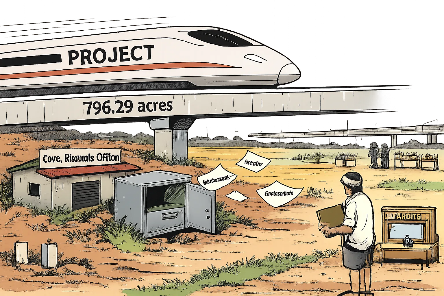 A cartoon bullet train marked “PROJECT” races above cultivated land while a locked records office, an empty filing cabinet and scattered land documents remain behind.