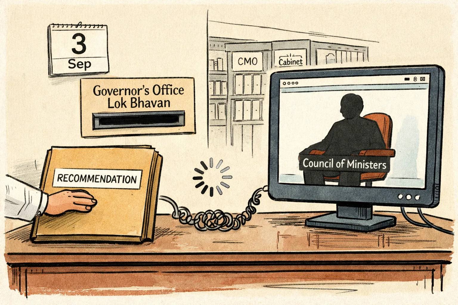 Two oversized government folders sit in a Telangana office: one heads toward a Lok Bhavan letterbox while a government website screen still shows a minister’s chair occupied.