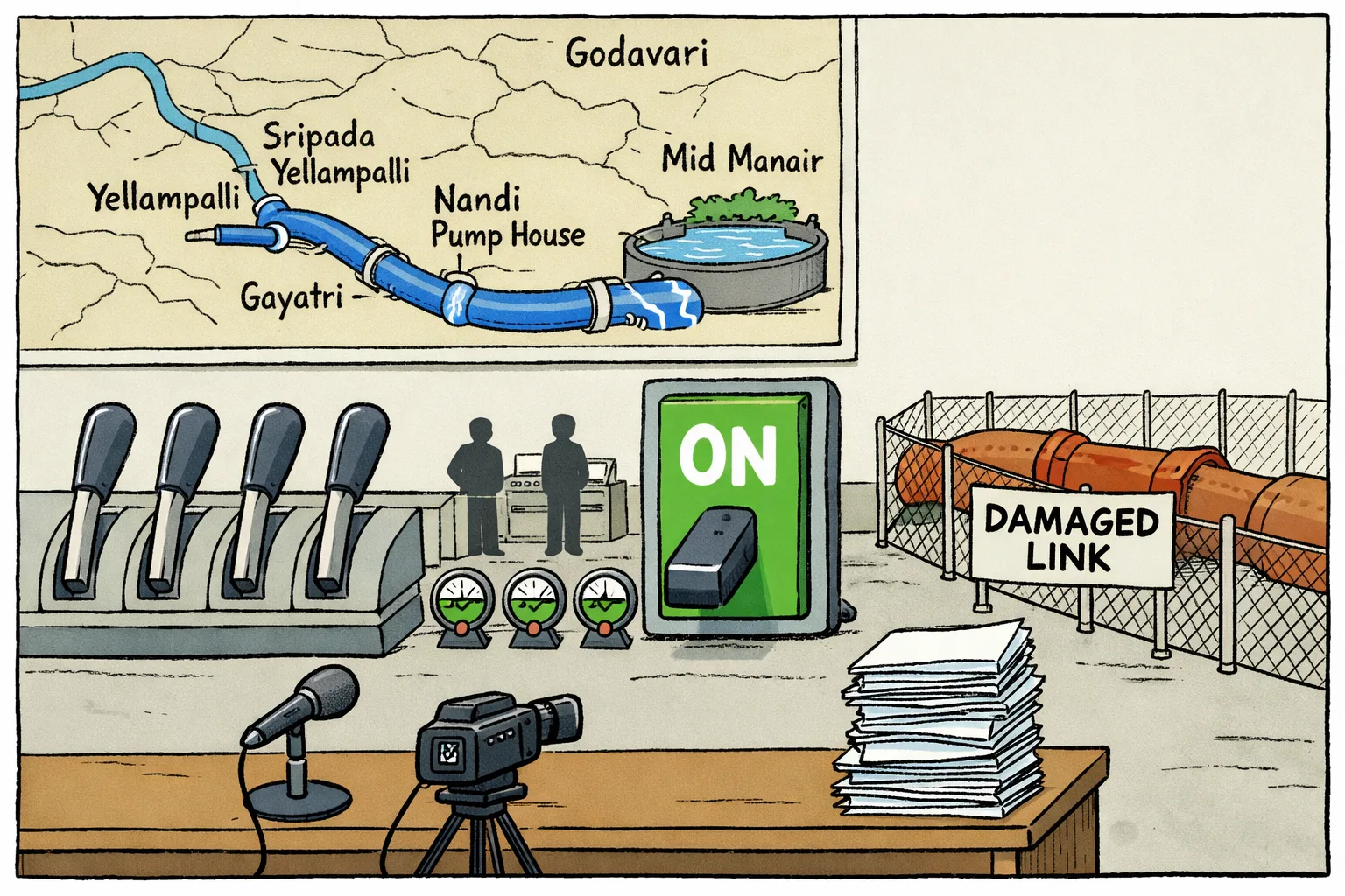 A Telangana irrigation control room shows a row of humming pump switches sending blue water through a pipe from Yellampalli toward Mid Manair, while a separate pipe marked with a warning barrier remains unused and a stack of press statements gathers dust.