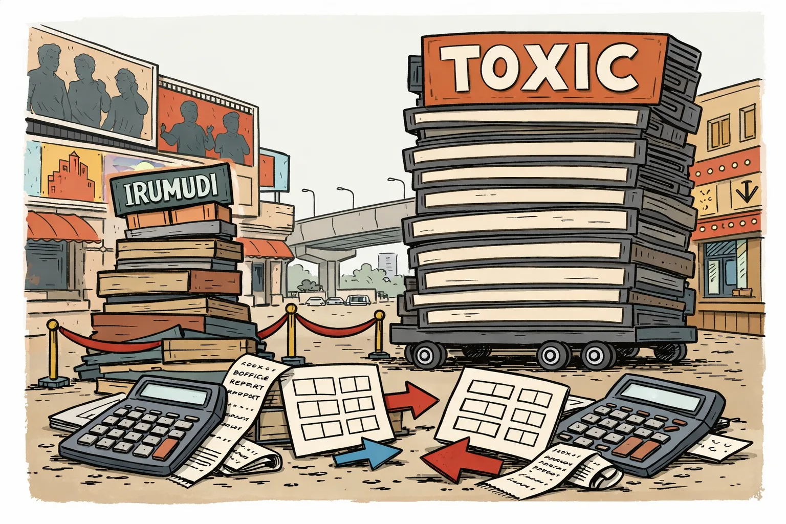 A generic film poster labelled Irumudi balances on a small stack of cinema screens as a larger stack labelled Toxic takes over a Hyderabad theatre street, surrounded by conflicting calculators and receipts.
