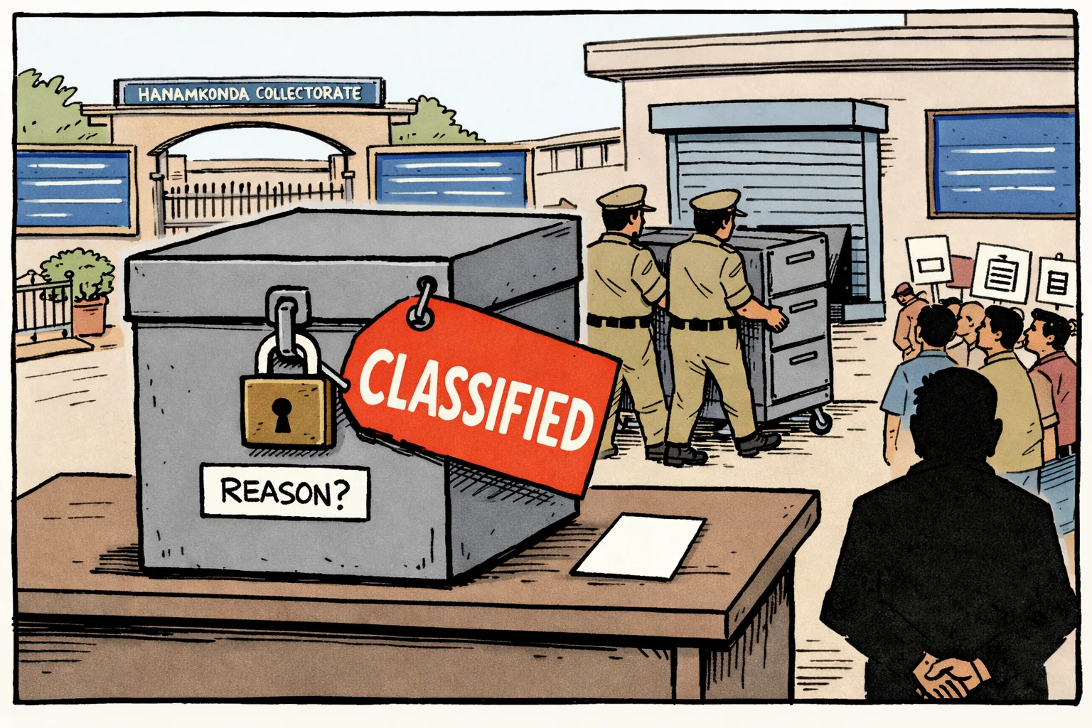 Outside the Hanamkonda Collectorate, a huge locked file marked “REASON?” and “CLASSIFIED” sits on a police desk while a peaceful employees’ protest waits behind it.