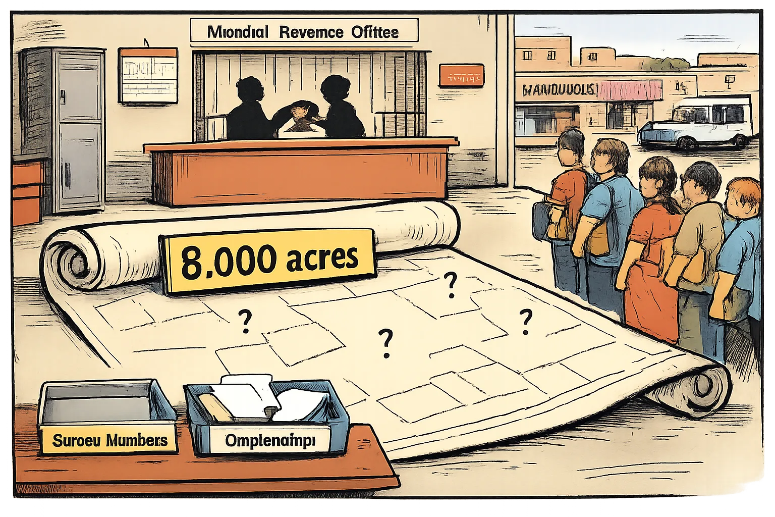 A giant blank map marked “8,000 acres” lies across a government records office while empty trays for survey numbers and ownership sit beside a closed records counter and a small queue of residents.