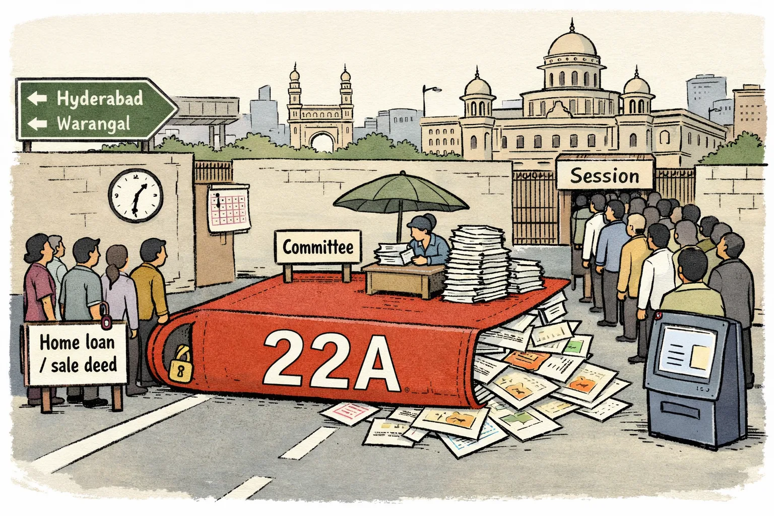 A giant file marked 22A blocks a Telangana government complex, a home-loan counter and a small committee desk while property owners wait beside a grievance kiosk.