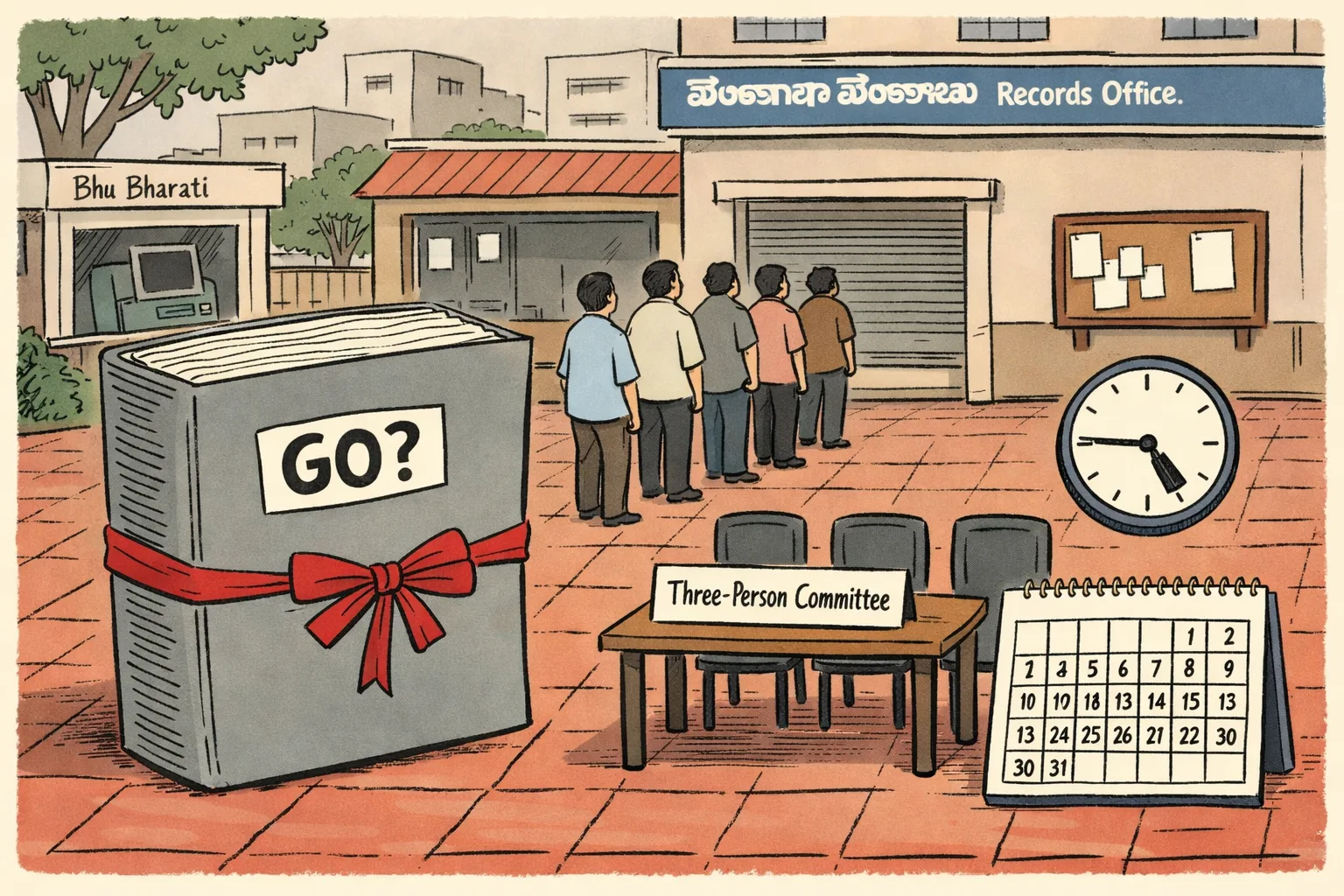 A huge blank government file marked “GO?” stands beside an empty three-seat committee desk and a 30-day calendar outside a Telangana records office, while people wait near a closed document counter.