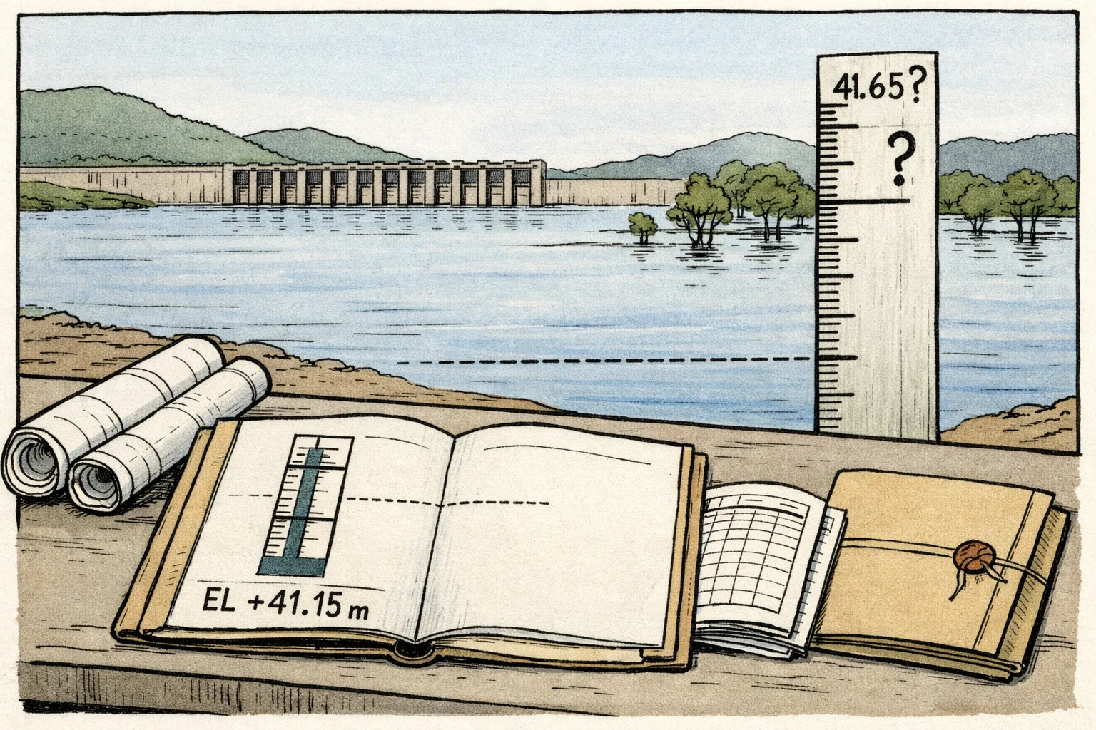 An open engineering file marked EL +41.15 metres sits beside a taller water-level marker marked 41.65 with a question mark, overlooking a reservoir and barrage near a green riverbank.