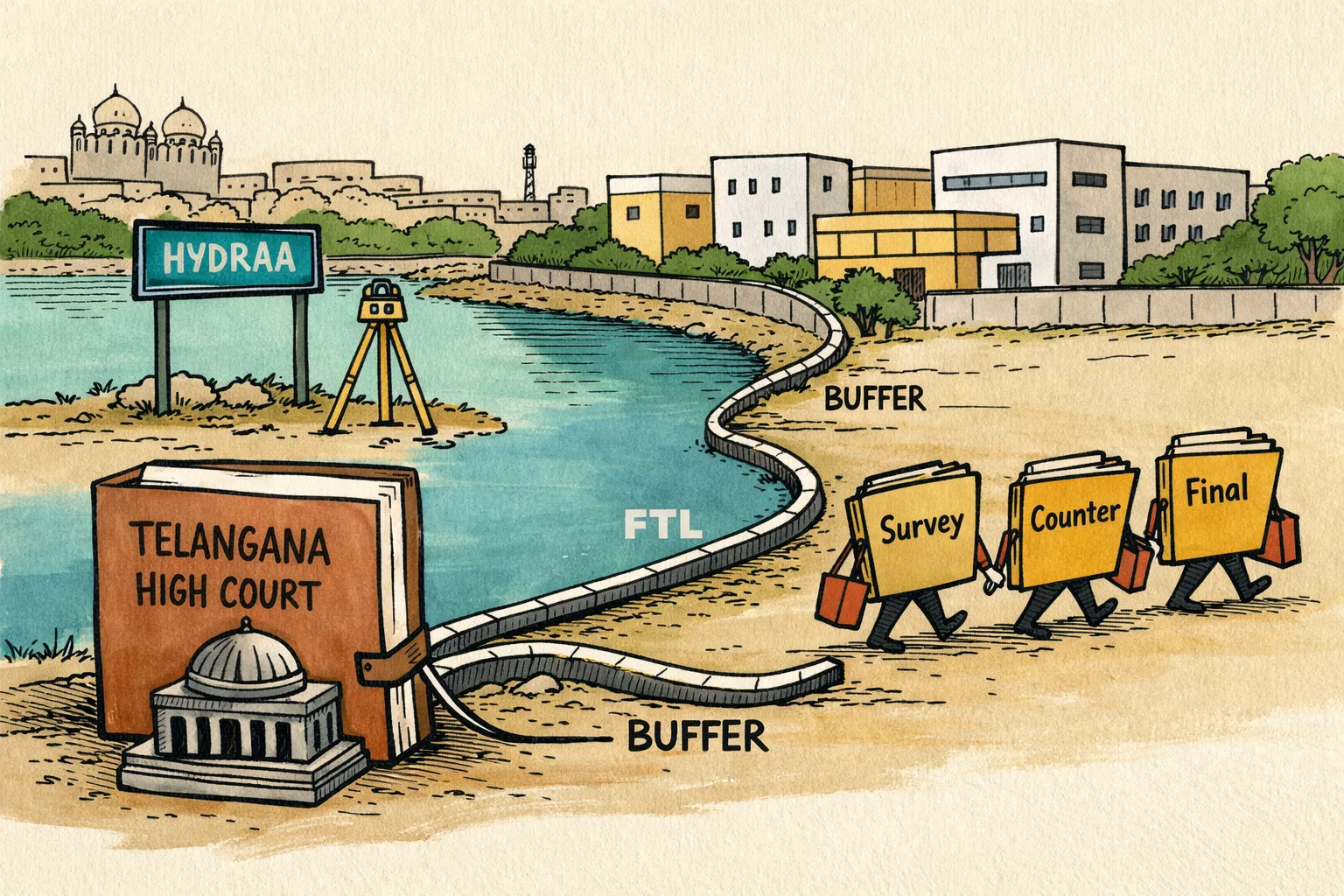 A Telangana High Court file marked with a lake outline sits on a desk while a tape measure labelled FTL and buffer zone stretches across a Hyderabad campus and pond; folders pass between government counters in the background.