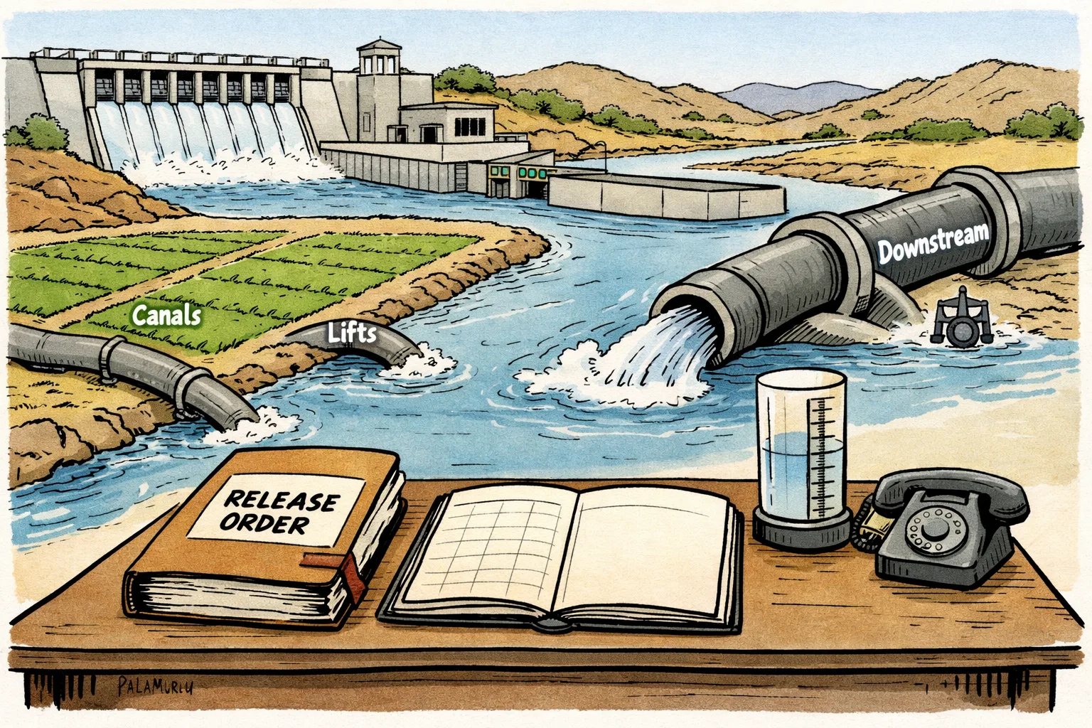 A Telangana irrigation control-room desk shows a Jurala dam gauge, open canal gates and water flowing toward fields, while a large sealed file and blank logbook sit beside a dry office telephone.