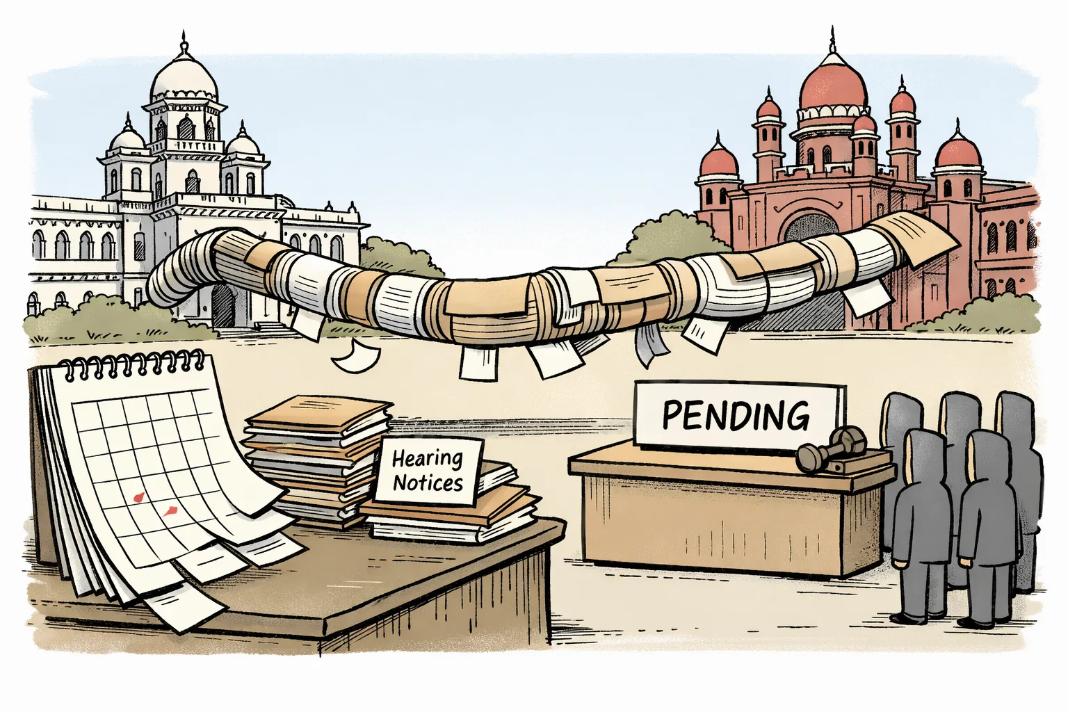 A Telangana Assembly building is connected by a long, sagging file-pipe to a High Court doorway, while a calendar hangs beside a stalled queue of stamped petitions.