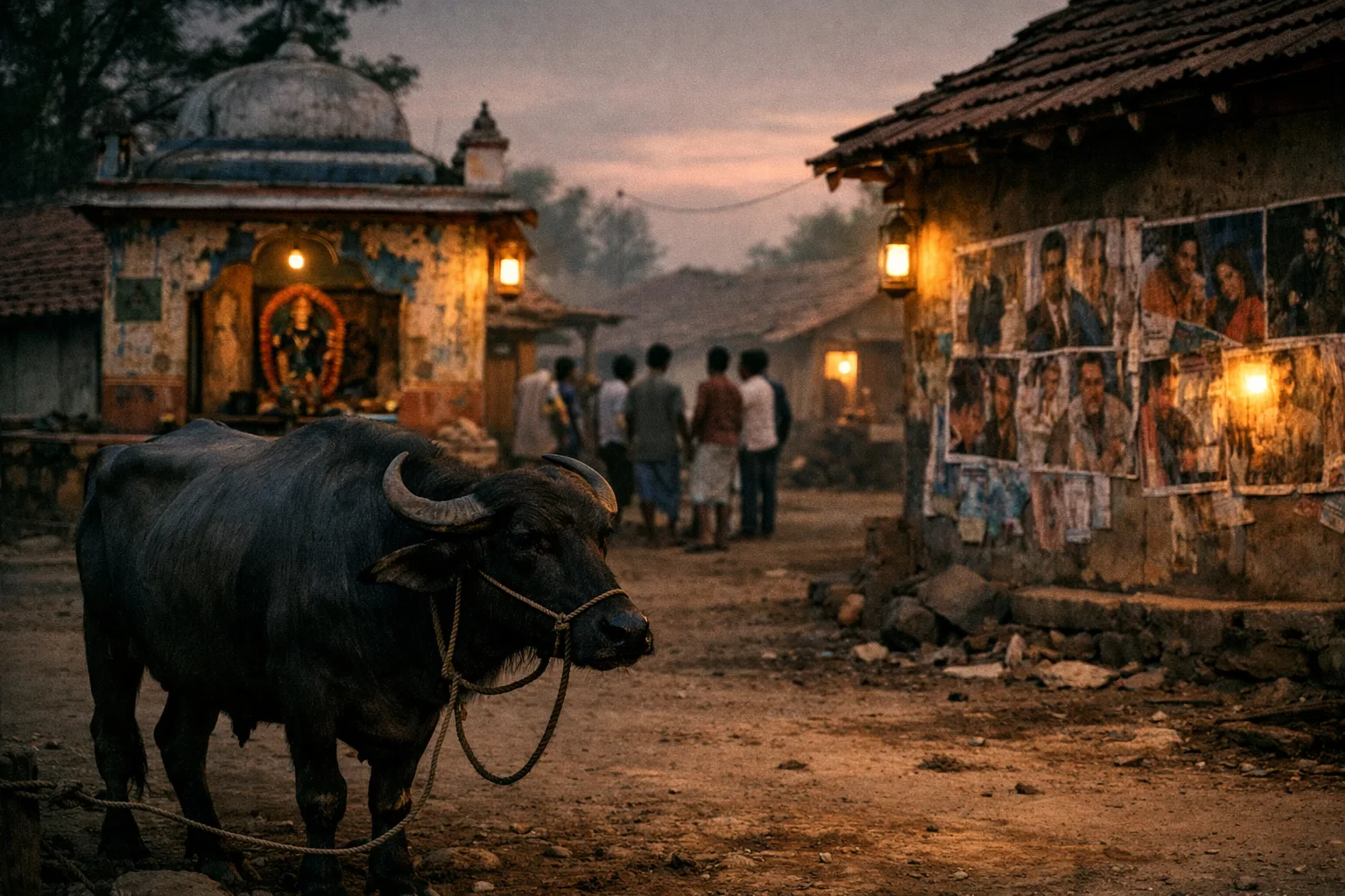 A male buffalo stands outside a rural Telangana shrine while indistinct villagers gather near tiled-roof houses at dusk.