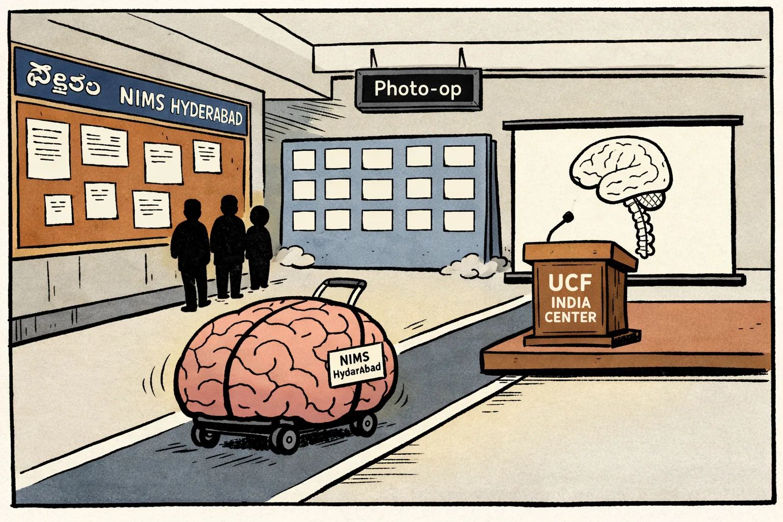 A Hyderabad neurosurgery lecture hall with a large brain-shaped suitcase marked NIMS travelling through an airport-style departure gate toward a UCF lecture podium, while a smaller unattended photo-op backdrop sits to one side.