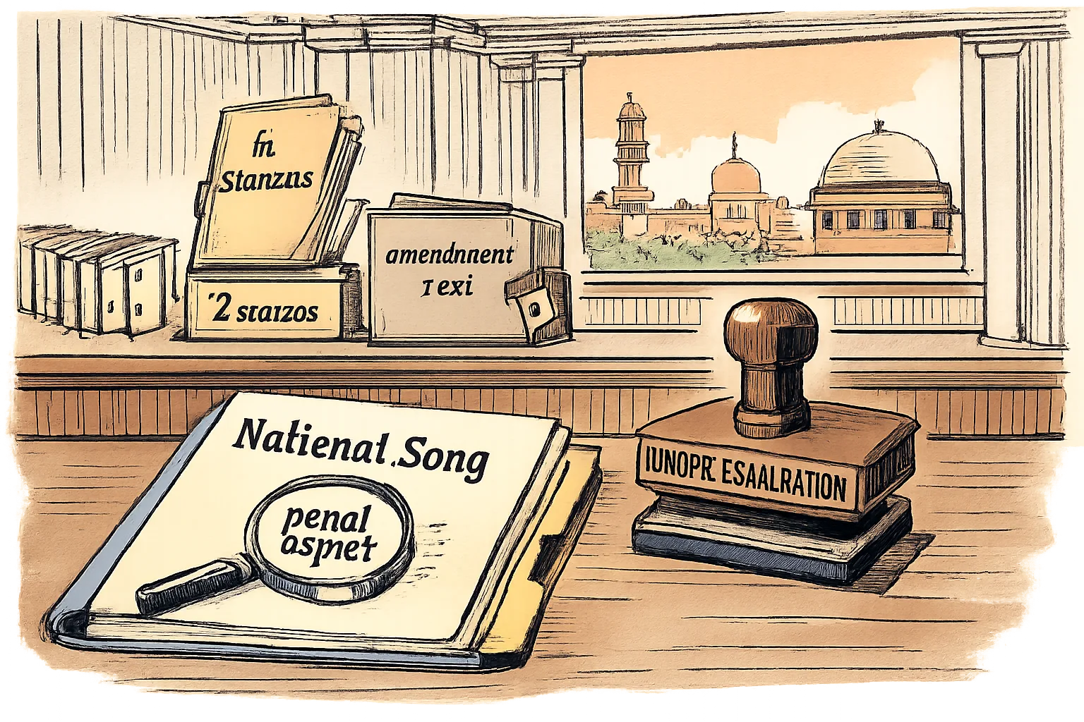 A courtroom file labelled “National Song” is examined with a magnifying glass while an “UNDER EXAMINATION” stamp hovers above it; folders marked “6 stanzas”, “2 stanzas” and “amendment text” sit nearby.