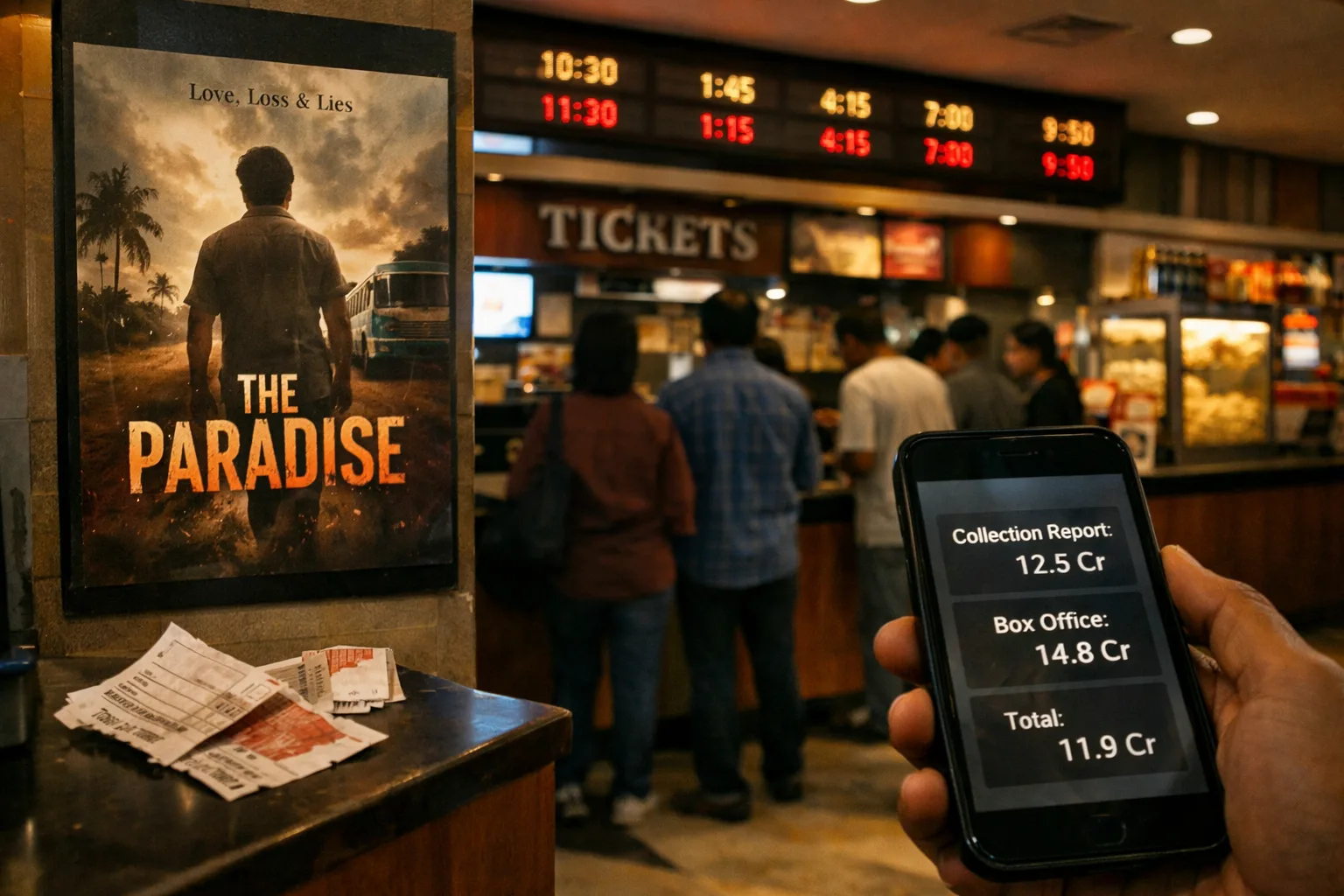 A Hyderabad cinema lobby displays a poster for The Paradise beside a ticket counter, showtime boards and audience silhouettes.