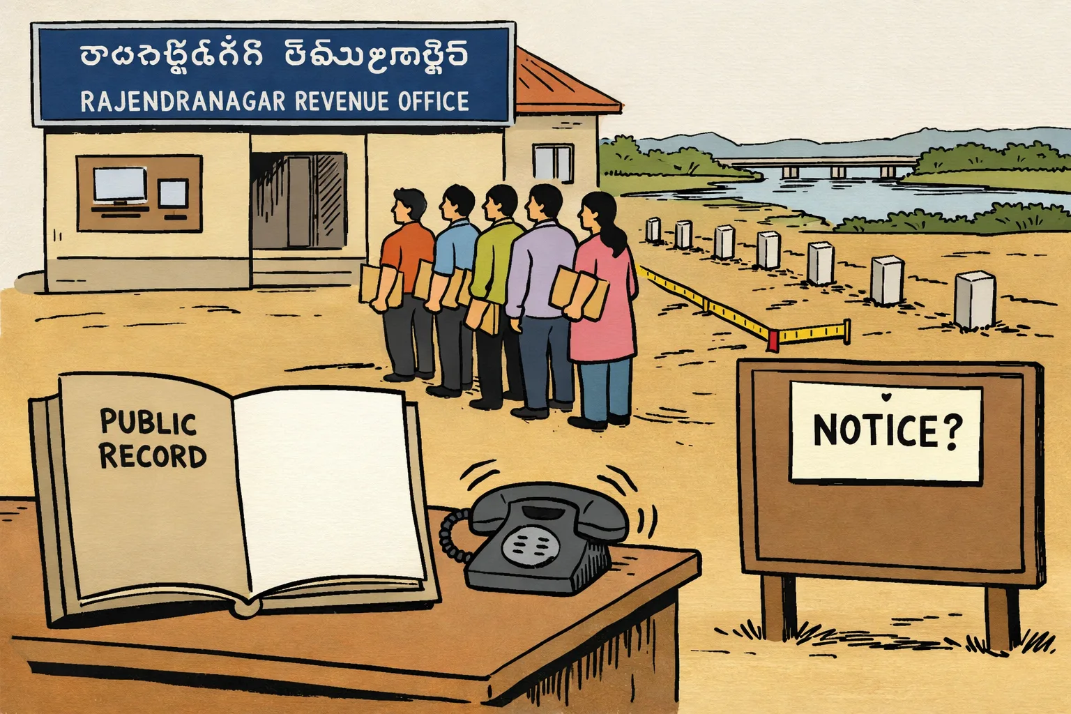 A Telangana government file marked with a river map and boundary stones sits beside a ringing telephone and a blank public-notice board, while residents wait outside a Rajendranagar office holding empty folders.