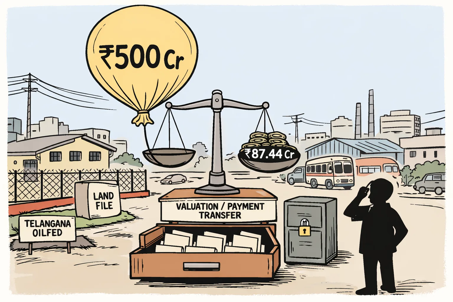 A cartoon of a fenced Hyderabad industrial plot beside two unequal weighing scales marked ₹500 crore and ₹87.44 crore, with an empty government records drawer labelled valuation, payment and transfer.