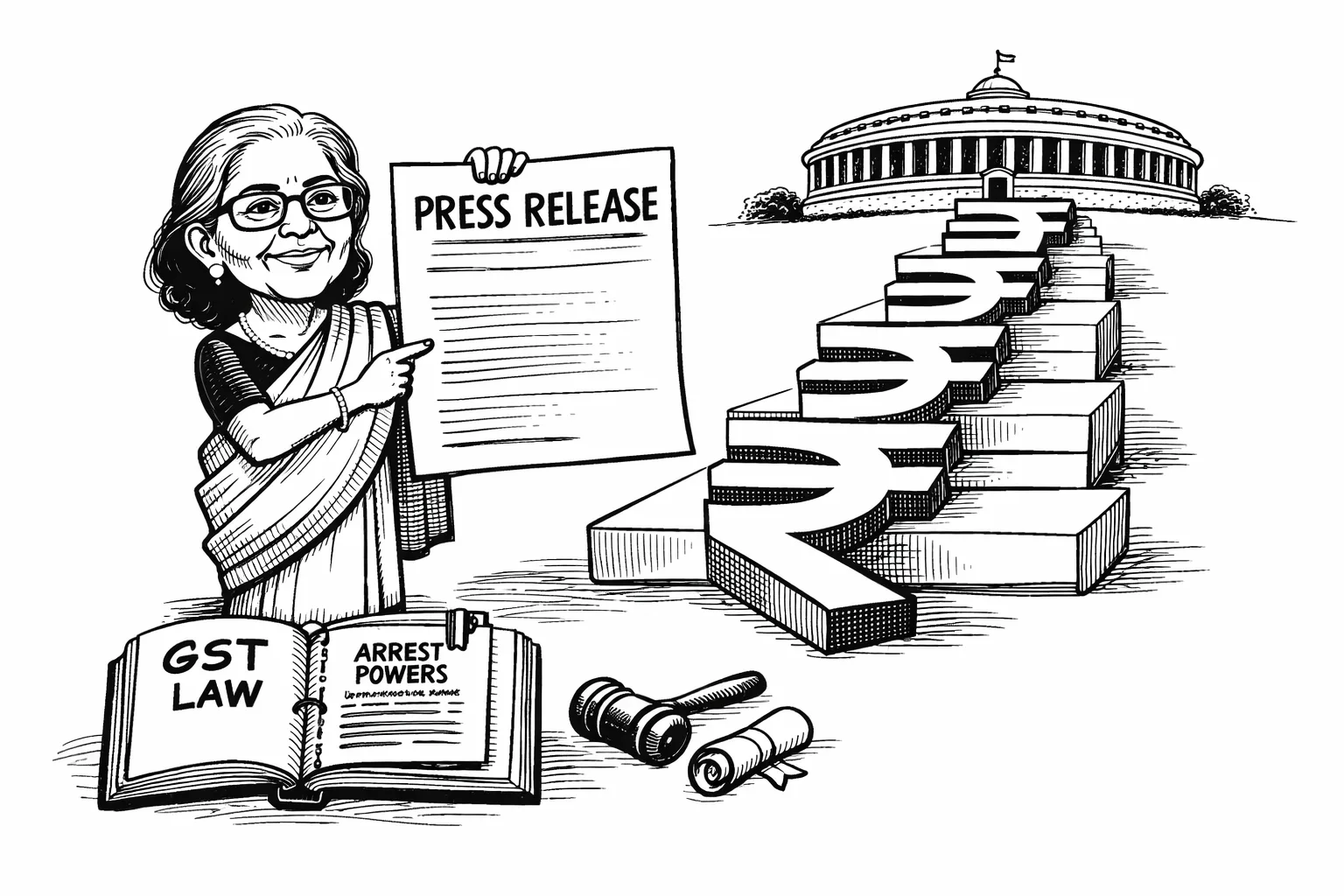 Finance Minister Nirmala Sitharaman presents a large press release beside five oversized rupee-marked steps, while an open GST law book on a desk still has its arrest-power page clipped in place before a Parliament doorway.