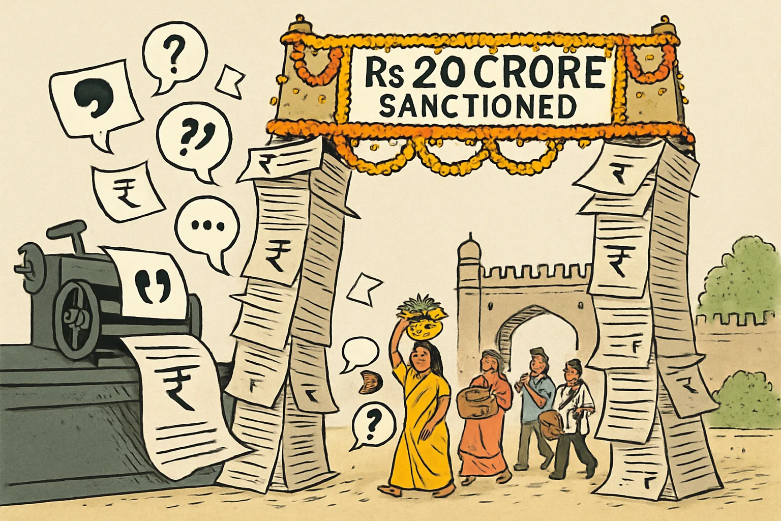 An editorial cartoon shows a decorated Bonalu festival archway with a banner reading 'Rs 20 Crore Sanctioned', its supports made of leaning stacks of unpaid bills about to topple. Beside it a printing press releases sheets covered in empty speech bubbles and question marks. In the background, generic devotees carry decorated pots in a temple procession, unaffected.