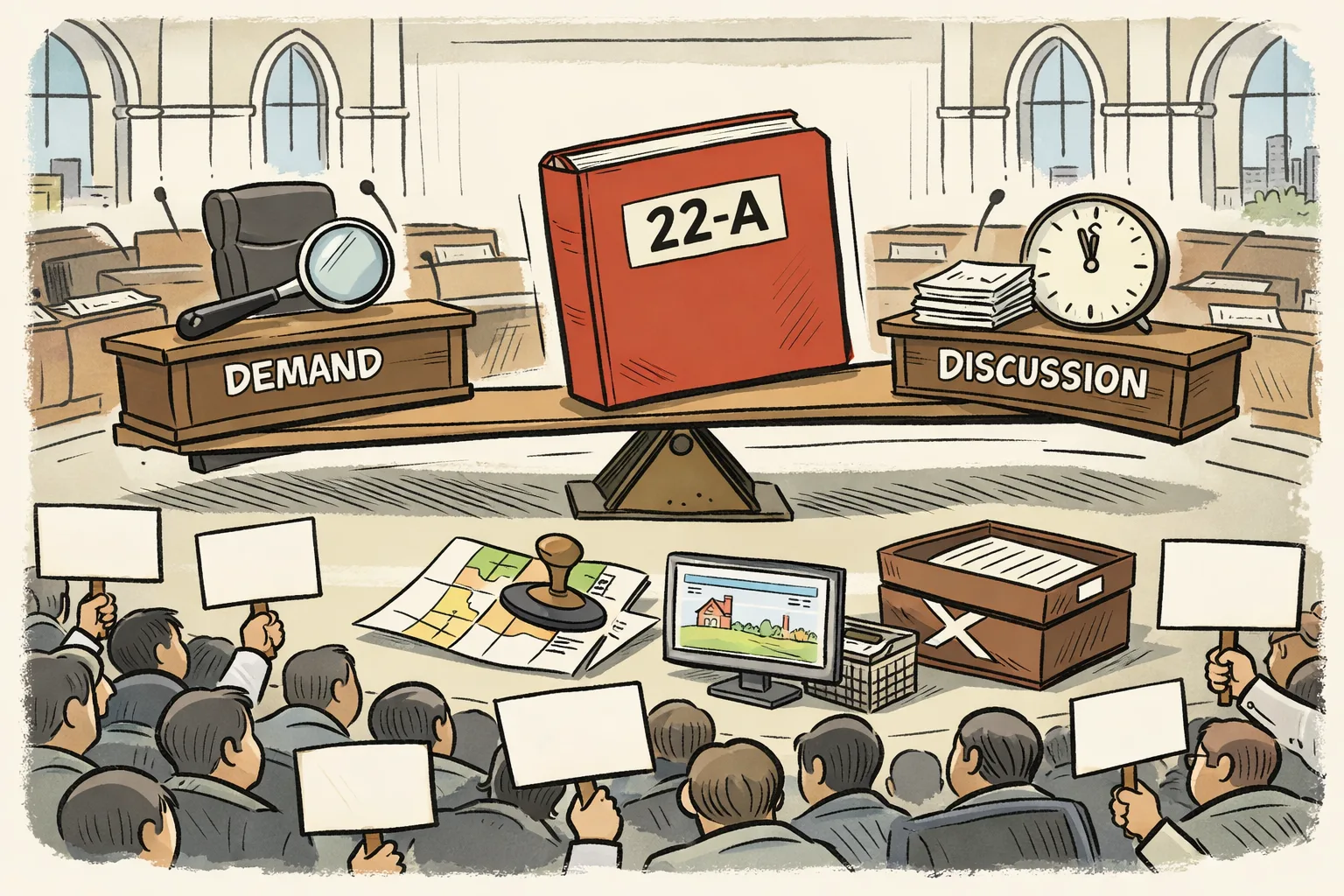 A cartoon Telangana Assembly scene shows a file marked “22-A” on a seesaw between a demand for an inquiry and a discussion, with an empty judge’s chair and land-record papers below.