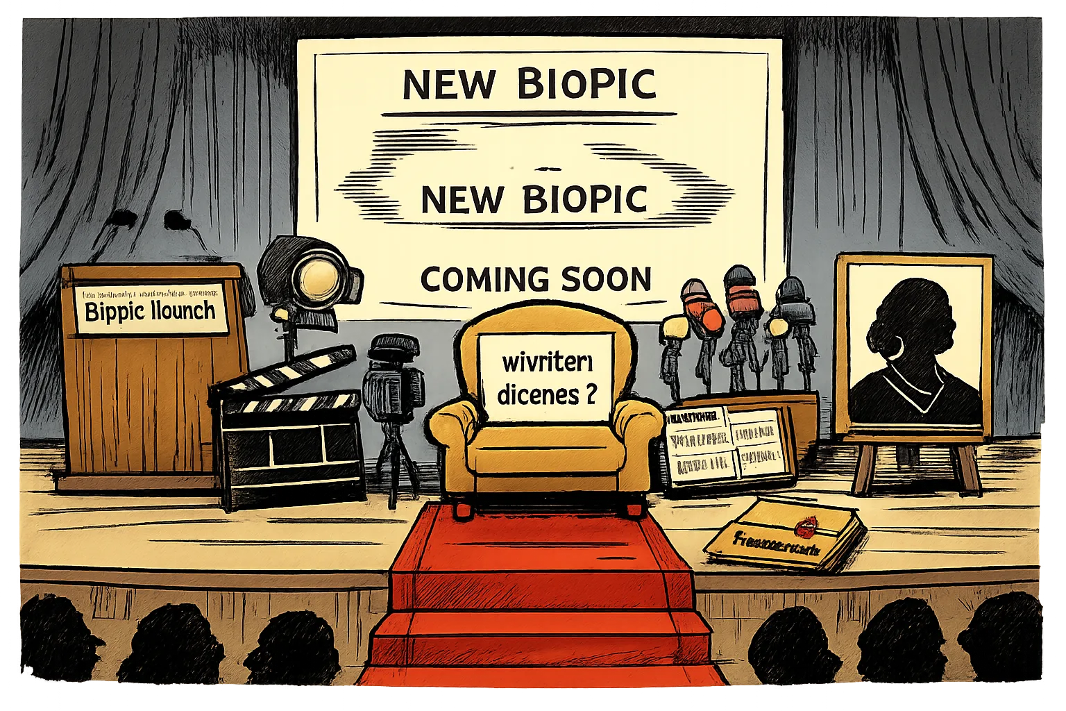 A cartoon of a film launch at Chennai’s Music Academy, with a brightly lit stage, microphones and music materials, while an empty chair labelled “Written licence?” sits beside an unopened permissions folder.
