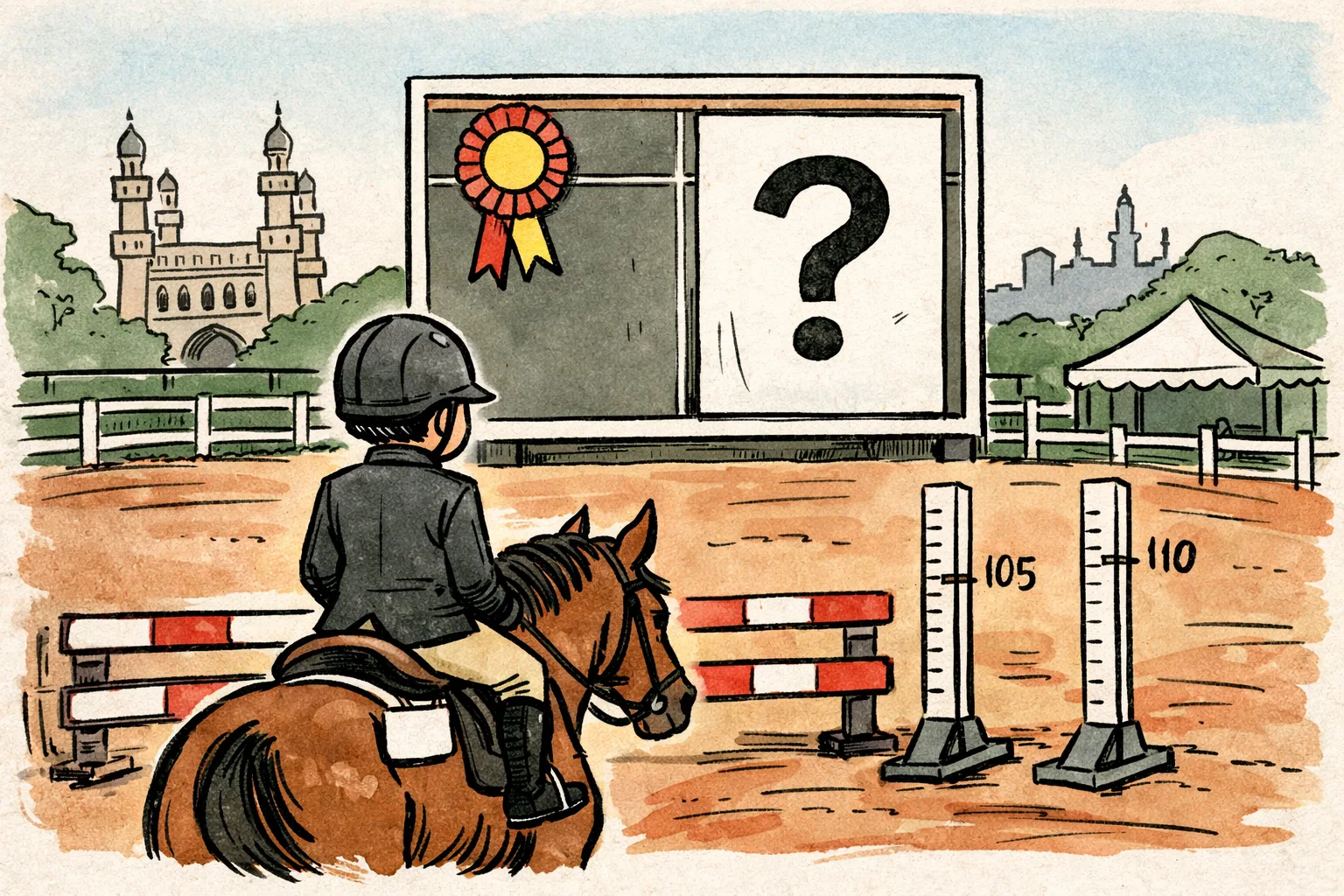 An unidentified young rider on a horse clears a show-jumping hurdle while two different height markers and a divided results board show conflicting measurements.