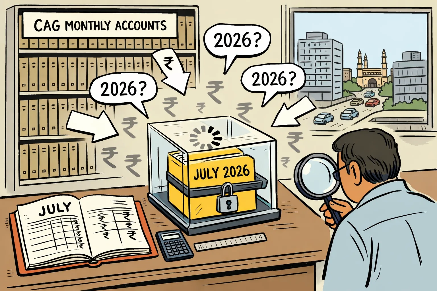 A sealed file marked July 2026 sits behind a loading symbol beside an open July 2025 accounts file in a Telangana office, with question marks around blurred rupee figures.