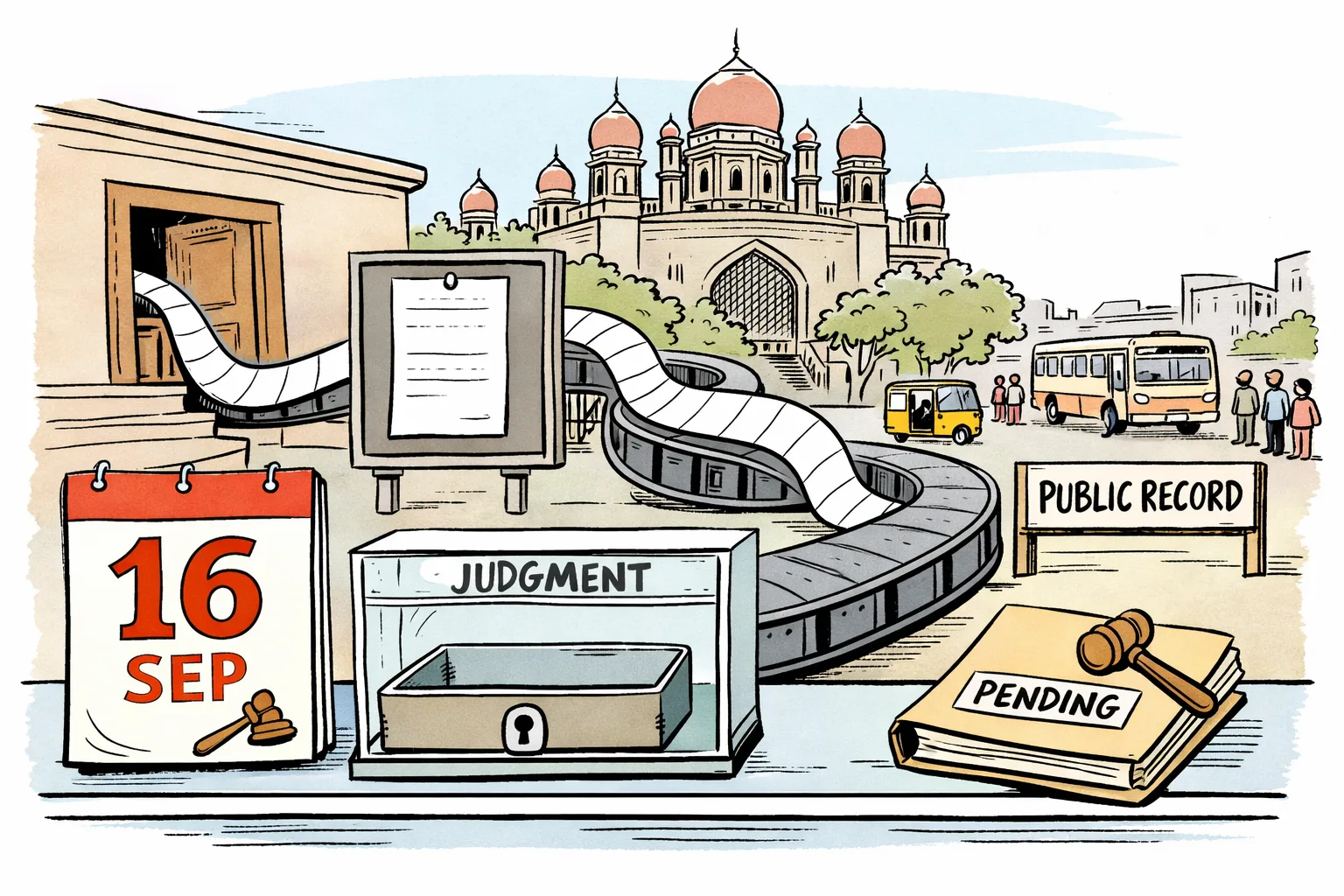 A Telangana High Court-style building stands behind a calendar marked 16 September, while an empty file tray labelled Judgment sits behind a locked counter and a paper trail disappears into a public-record office.