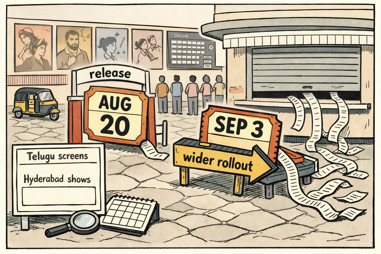 A Hyderabad multiplex cartoon shows one cinema ticket marked August 20 moving through a release gate while another marked September 3 takes a detour; an empty scoreboard for Telugu screens and Hyderabad shows sits beside a wriggling strip of fine print.