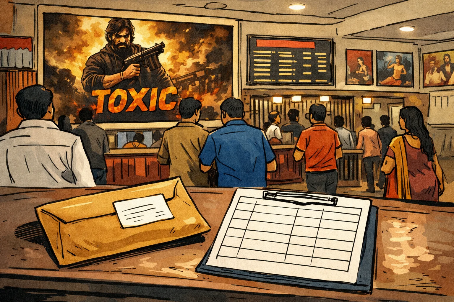A Hyderabad cinema foyer displays a Toxic film poster beside a counter holding a sealed envelope and a blank screen-allocation sheet.