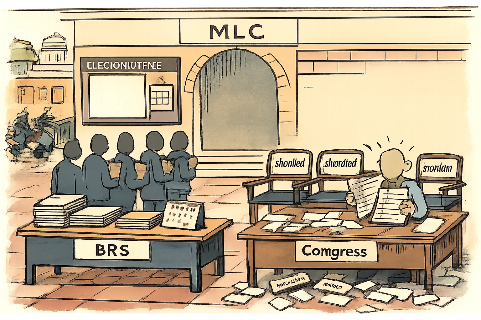 A hand-drawn cartoon shows an organised MLC paperwork desk beside a chaotic audition table with empty shortlist chairs, while a blank election noticeboard hangs behind them in a Telangana office setting.