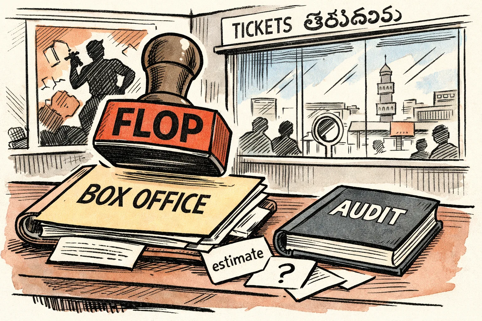 A Telangana cinema ticket counter is covered by a giant rubber stamp reading “FLOP”, while loose estimate slips marked with question marks spill from an open file; an audit ledger remains unopened beside the counter.