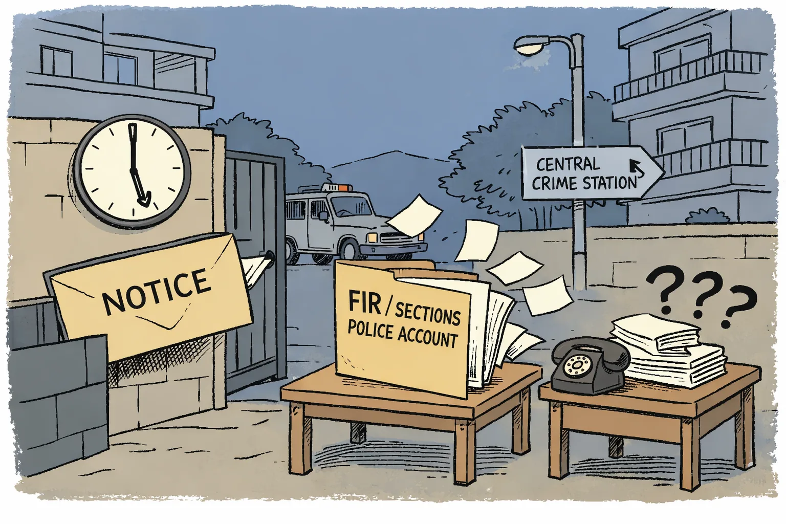A dawn Hyderabad street scene shows a notice envelope at a gate beside an empty police file marked with missing paperwork, while an unmarked vehicle waits outside.