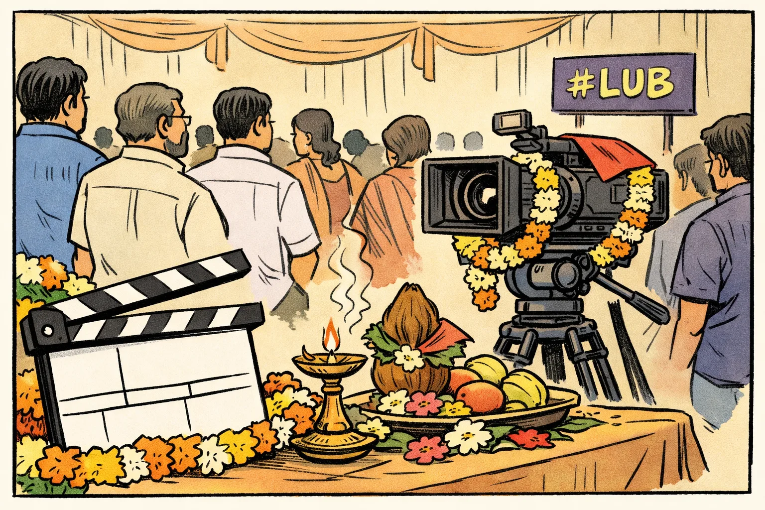 A decorated film camera, ceremonial lamp and flower garlands stand in the foreground at a Hyderabad film launch, with guests gathered behind them.