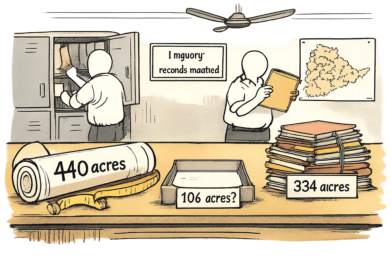 A Telangana government records room cartoon shows a large measuring tape marked 440 acres beside a smaller stack of files marked 334 acres, with an empty file tray labelled 106 acres and officials searching cupboards.