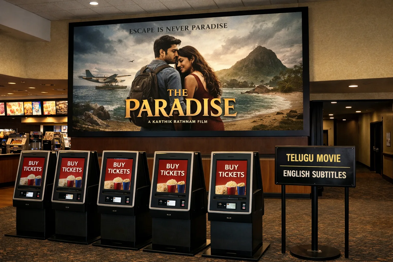 A cinema lobby with a poster display for The Paradise beside ticket kiosks and an upcoming Telugu screening board.