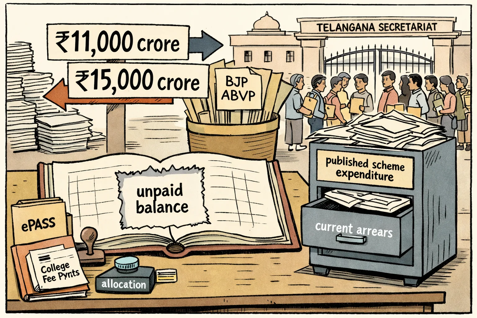 Outside the Telangana Secretariat, two large slips marked ₹11,000 crore and ₹15,000 crore point in different directions beside an open government ledger with its unpaid-balance pages missing; allocation files and college fee applications sit nearby.